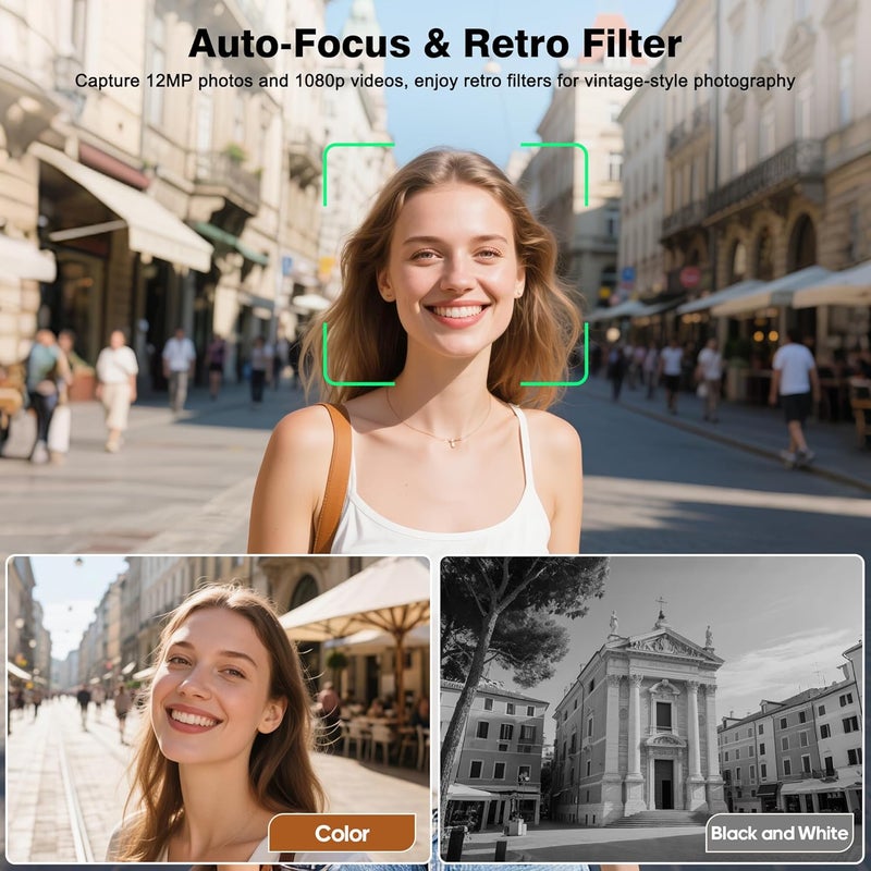 JOYTRIP CHUZHAO Vintage Mini Digital Camera, Portable TLR Style Retro Point and Shoot Compact Small Pocket 1080P FHD Video 12MP Autofocus Vlogging Camera with 16 GB Card for Beginners Teens Adults Black - Image 4